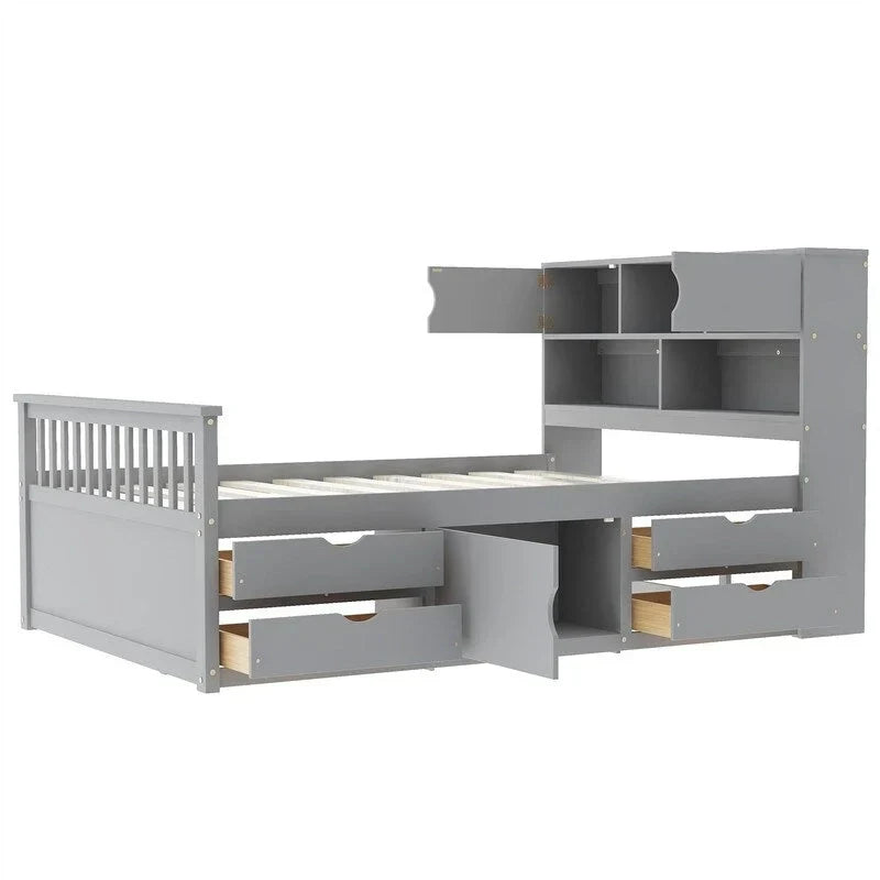 Twin/Full Size Captain Platform Bed with 4 Drawers and Storage Shelves, Solid Wood Bed Frame with Storage Bookcase Headboard