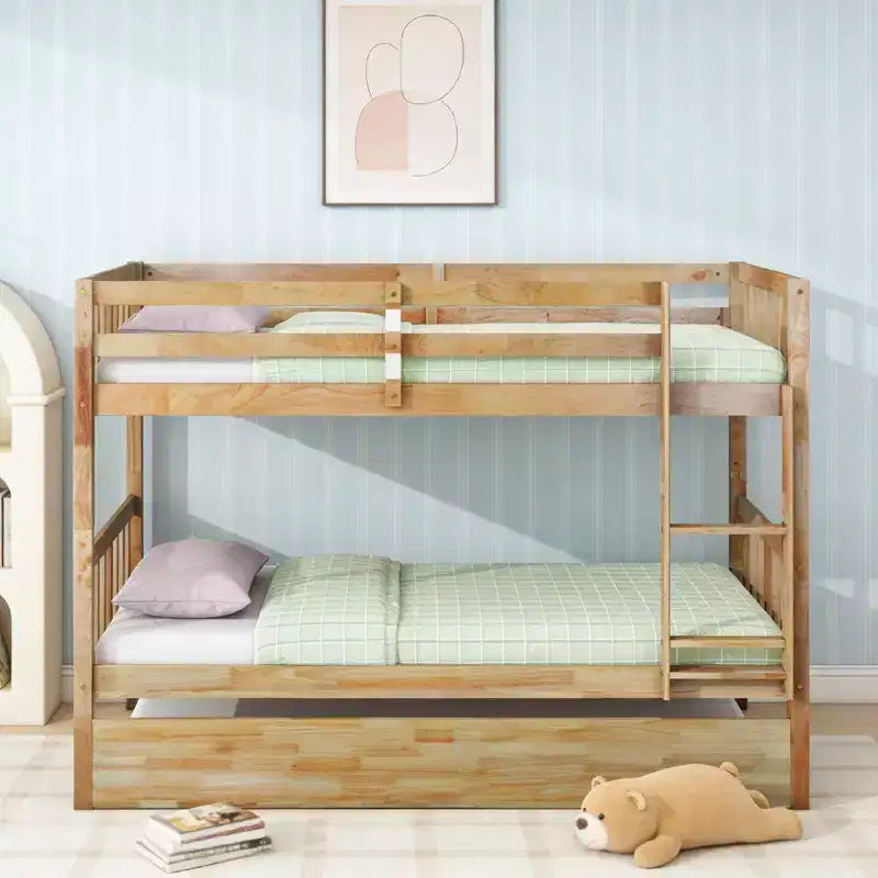 Luxystar Twin Over Twin Modern Wood Bunk Bed with Trundle, Convertible into 2 Beds