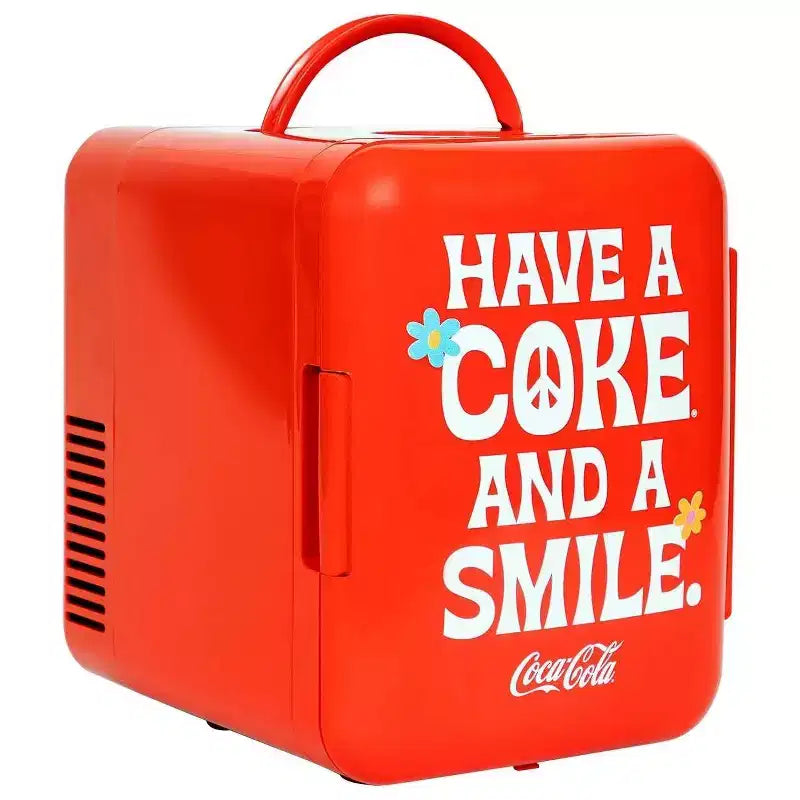 Coca-Cola Smile 1971 Series 4L Cooler/Warmer 12V DC 110V AC Mini Fridge: Dorm Beverage Refrigerator, 6 Can Capacity