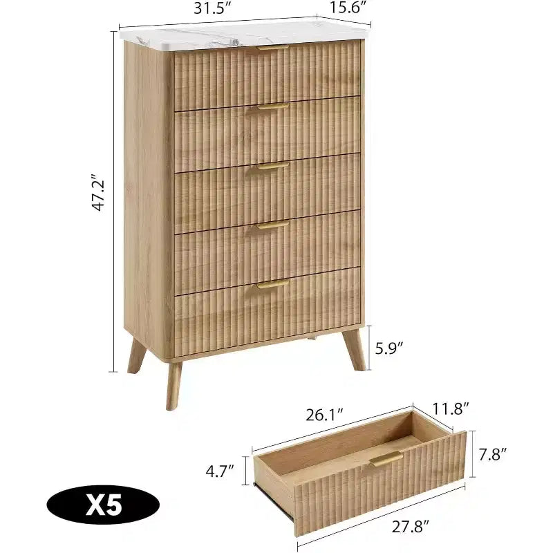 5-Drawer Fluted Dresser, 47.2-Inch Tall Chest of Drawers, Curved Design