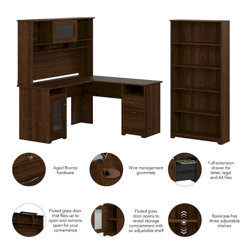 60" L-Shaped Computer Desk with Hutch, 5-Shelf Bookcase & File Drawer, 200 lb Desktop Capacity
