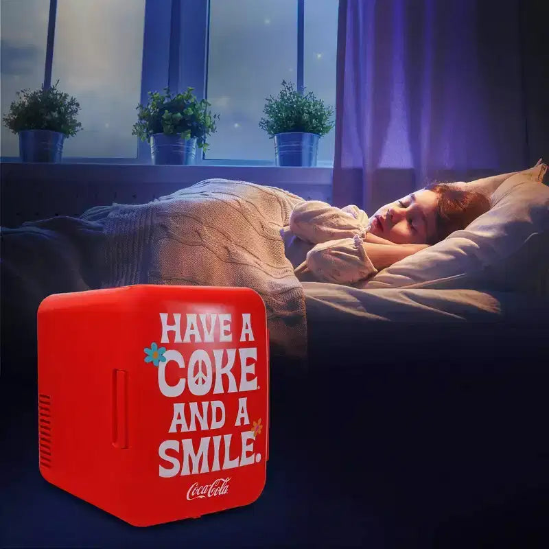 Coca-Cola Smile 1971 Series 4L Cooler/Warmer 12V DC 110V AC Mini Fridge: Dorm Beverage Refrigerator, 6 Can Capacity