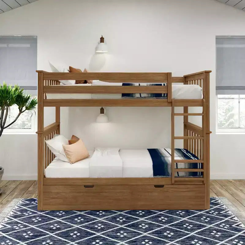 Twin over Twin Bunk Bed with Trundle, Solid Wood, Sleeps 3 – Blue / Espresso / Natural / Pecan / Walnut / White