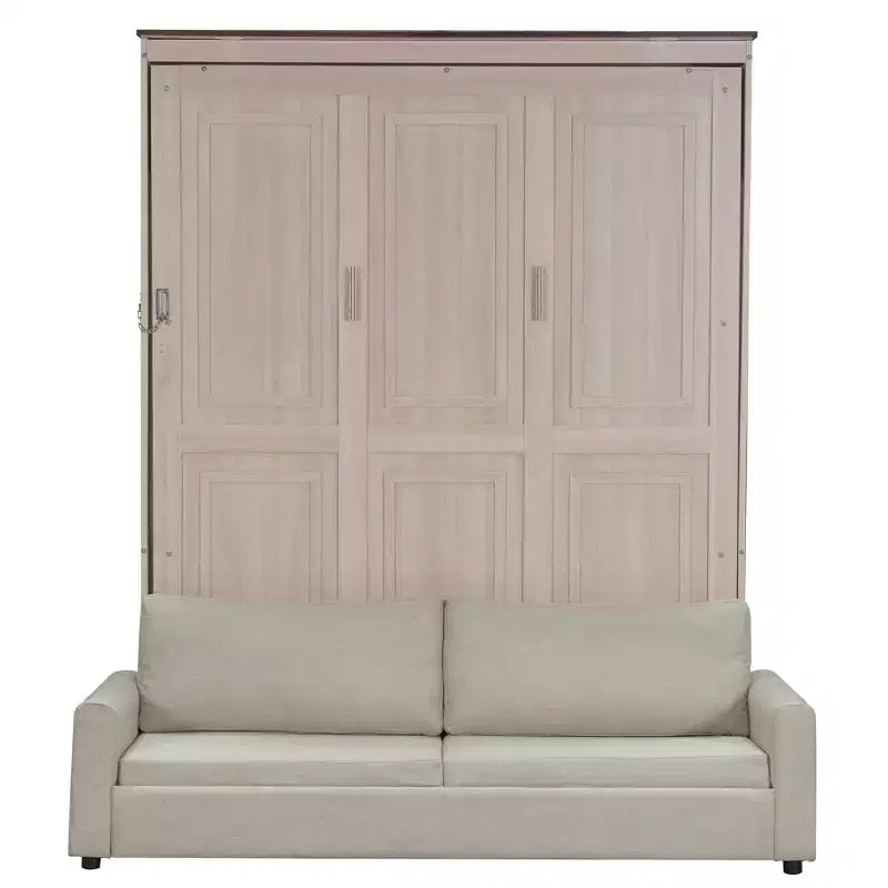 Queen Size Murphy Bed with Sofa and LED Lights – Beige