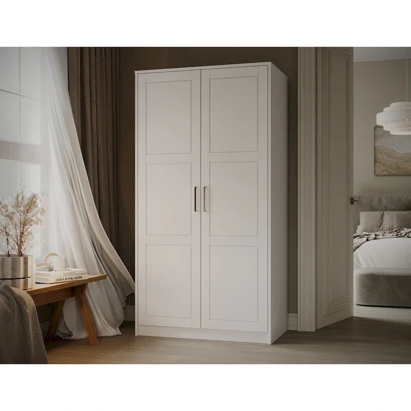 2-Door Solid Pine Wood Wardrobe Armoire with Clothing Rod & Adjustable Shelf – White / Black / Gray, Solid Wood or Mirrored Doors, Single