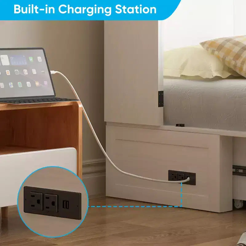 Murphy Bed Cabinet, Modern Murphy Bed Queen with Mattress, Built-in USB Charging Station & Drawers