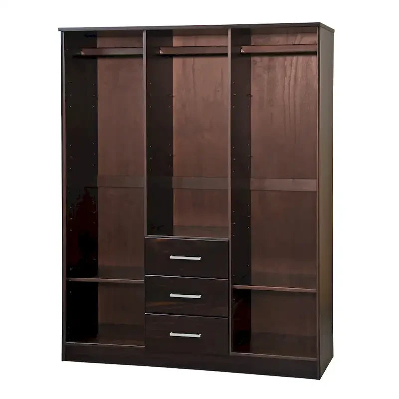 3-Door Solid Pine Wood Wardrobe Armoire, 72"H x 56"W, Mirrored or Panel Door, 3 Clothing Rods