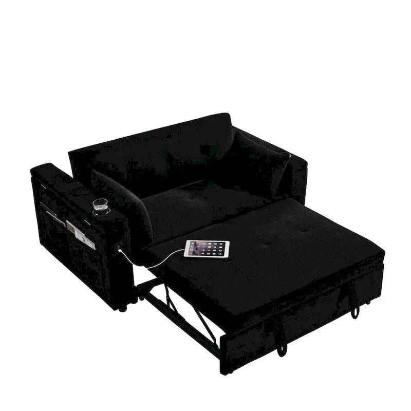 54 Pull-Out Sleeper Sofa Bed, 2 Seat Recliner Sofa Bed with Storage, Lumbar Pillow, USB Power Outlet