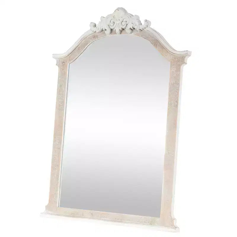 37"x28" Wooden Arched Scroll Wall Mirror with Brown Distressing Cream: No Assembly, Modern Decor