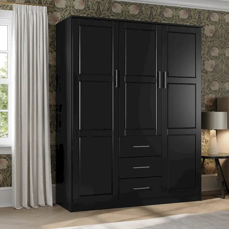 3-Door Solid Pine Wood Wardrobe Armoire, 72"H x 56"W, Mirrored or Panel Door, 3 Clothing Rods