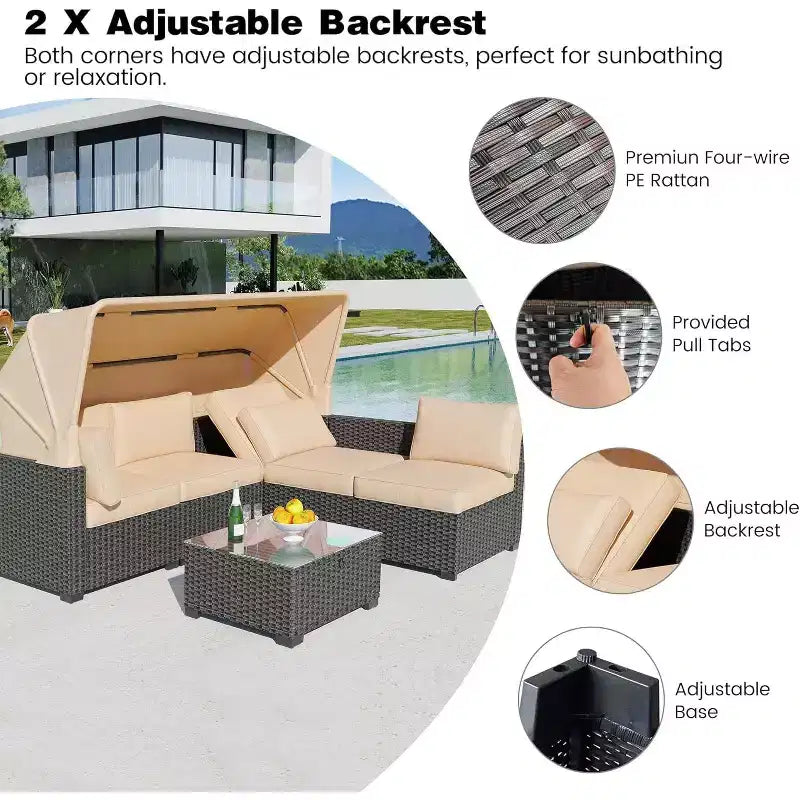 GustoWave 6 Pieces Patio Furniture Set,Wicker Patio Furniture Sofa with Retractable Canopy,Cushions and Tea Table with Storage,2 Adjustable Backrest