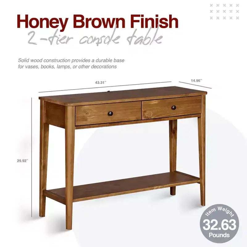 Mid Century Contemporary Classic Solid Wood 2-Tier Console Entryway Table with Storage Drawers, Honey Brown