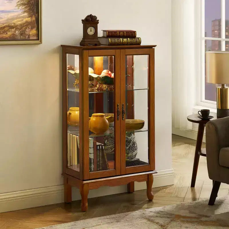 Okak Curio Cabinet with 2 Tempered Glass Doors, Diapaly Cabinet with 3 Adjustable Shelves and Mirrored Back Panel, Cabinet for Living Room