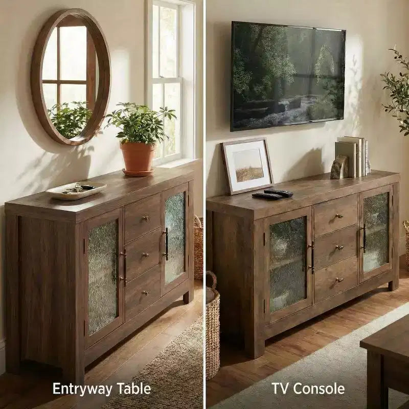 54.4 Buffet Sideboard, Accent Storage Cabinet with 2 Glass Doors & 3 Drawers, Coffee Bar Table, TV Stand for Living Room, Kitchen, Dining Room