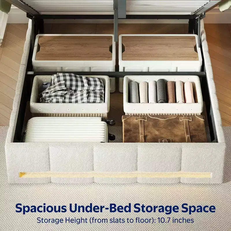 Greenstell Upholstered Lift Storage Bed with LED Lights & Charging Station, Modern Platform Bed, Heavy Duty Wooden Slats
