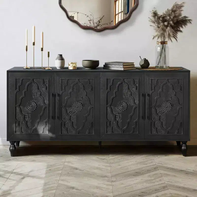 Large Storage Cabinet with Metal Handle, Carved Flower Doors, Wooden Mordern Sideboard Console with Adjustable Shelves