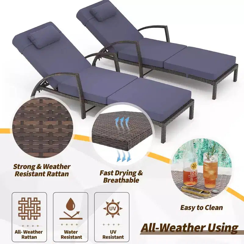 Coolmee Outdoor Chaise Lounge Set of 2 Rattan Patio Folding Chaise Lounge Adjustable 5 Position Back Patio Pool Lounge Chair with Cushion Pillow