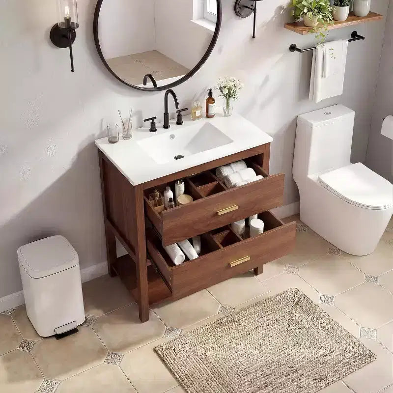 36 Farmhouse Bathroom Vanity with Sink  Freestanding Walnut Vanity Cabinet with 2 Drawers, Open Shelf & Handles, Easy Assembly
