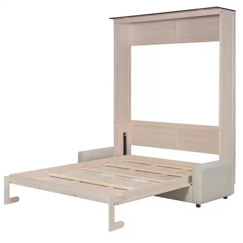 Queen Size Murphy Bed with Sofa and LED Lights – Beige