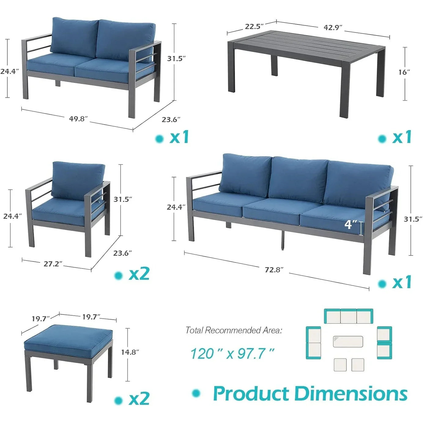 AECOJOY 7 Pieces Aluminum Patio Furniture Set Outdoor Conversation Set