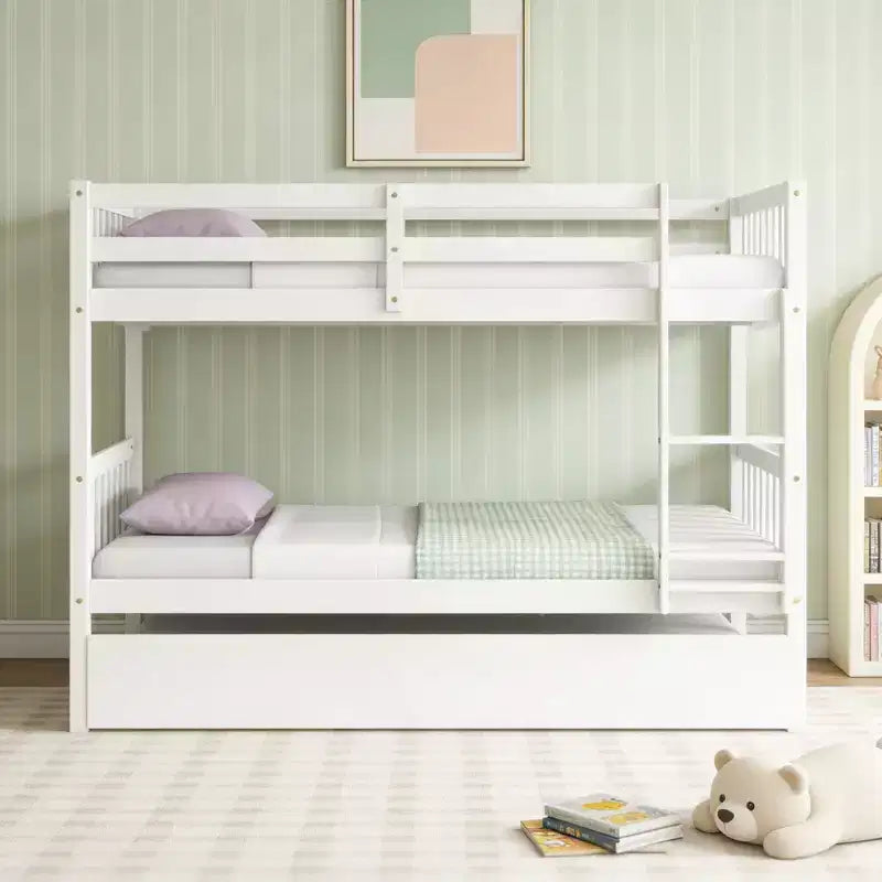 Luxystar Twin Over Twin Modern Wood Bunk Bed with Trundle, Convertible into 2 Beds