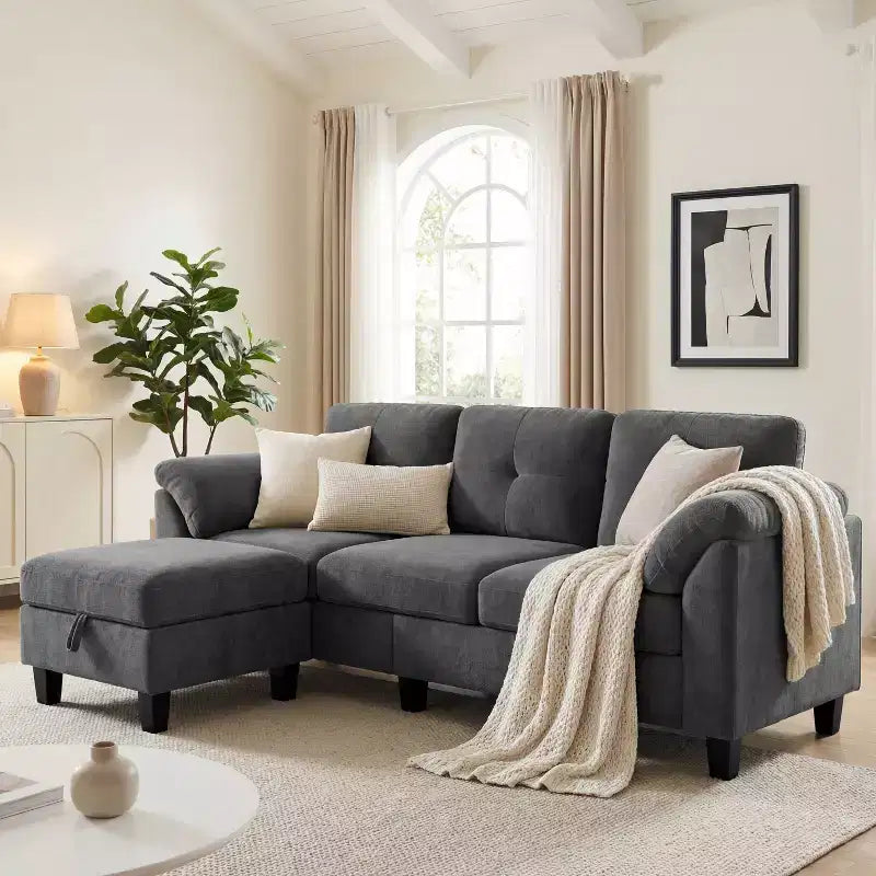76.4-Inch Modern Three-Seater Sofa with Armrests and Pillows in Chenille Beige