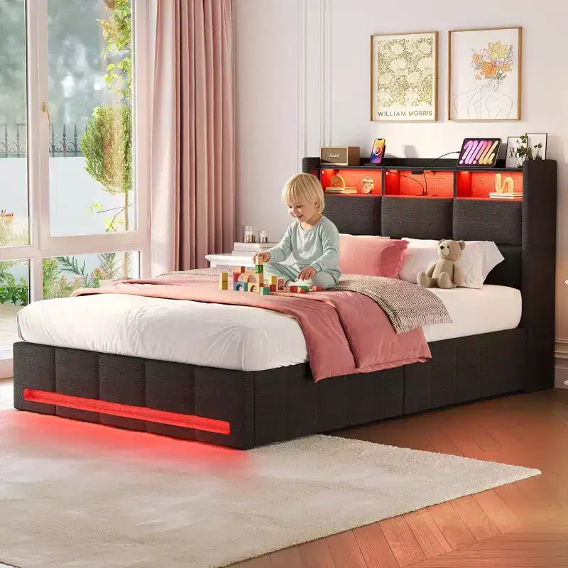 Greenstell Upholstered Lift Storage Bed with LED Lights & Charging Station, Modern Platform Bed, Heavy Duty Wooden Slats