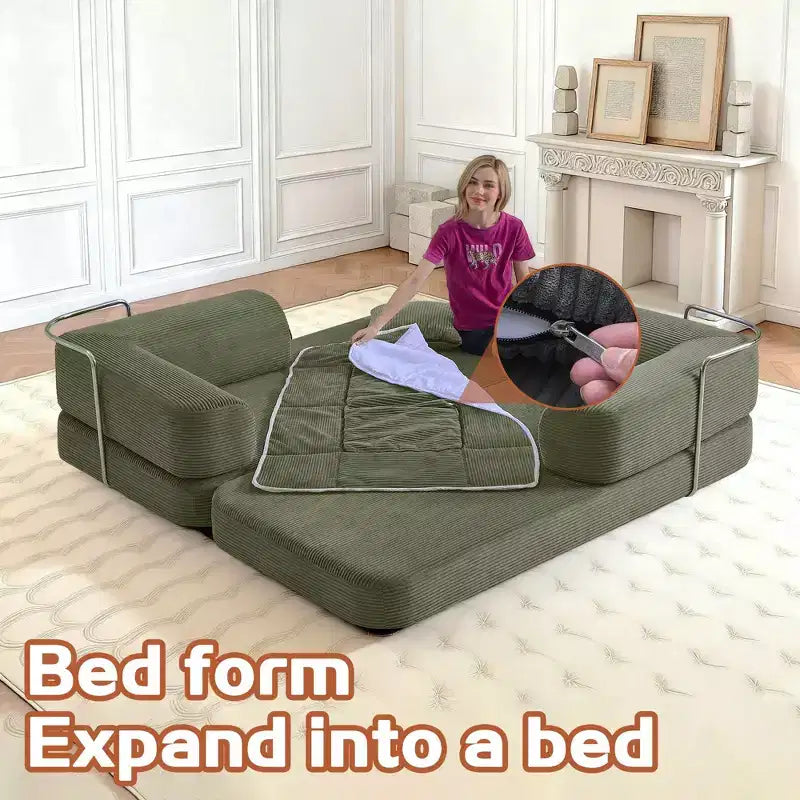 Okak Convertible Floor Sofa Bed Loveseats with Blanket & Pillows,Corduroy Fabric Futon Couch for Living Room,Apartments