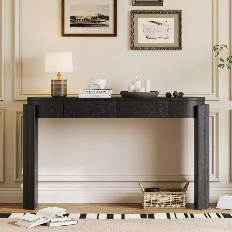 Oval-Top Console Table with Fluted Curved Legs & Dual Hidden Drawers