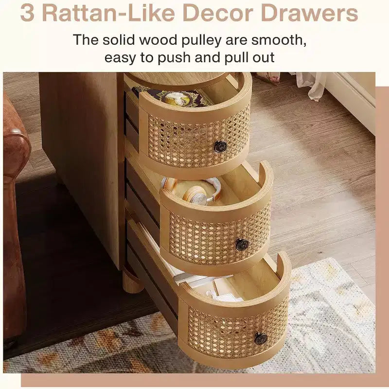 Lantine Solid Wood End Table with 3 Rattan Drawers and Exquisite Embossed Handles, No Assembly Required