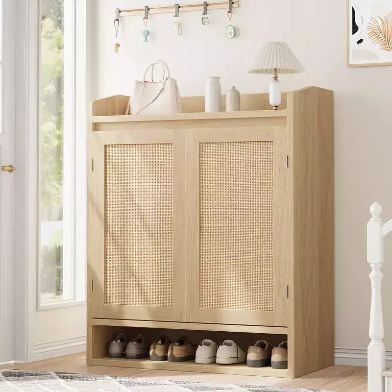COZONY 5-Tier Rattan Shoe Cabinet Storage Organizer with 2 Doors Adjustable Wooden Entryway Hallway Closet Living Room Natural