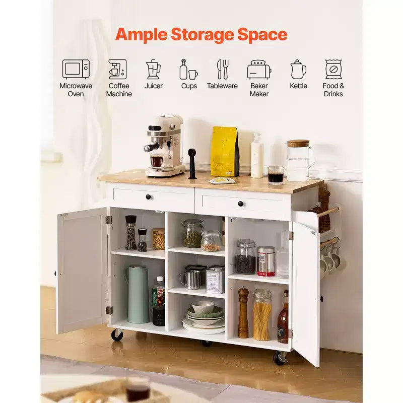 52-Inch Kitchen Island Cart with Solid Wood Top, Storage Cabinet & Drop Leaf