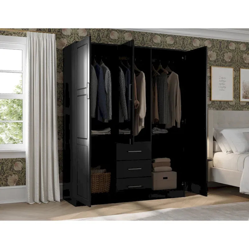 3-Door Solid Pine Wood Wardrobe Armoire, 72"H x 56"W, Mirrored or Panel Door, 3 Clothing Rods