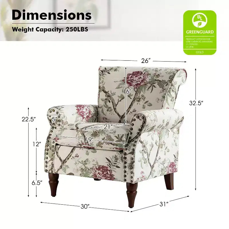 Traditional Wooden Upholstered Floral Armchair with Wingback and Nailhead Trim