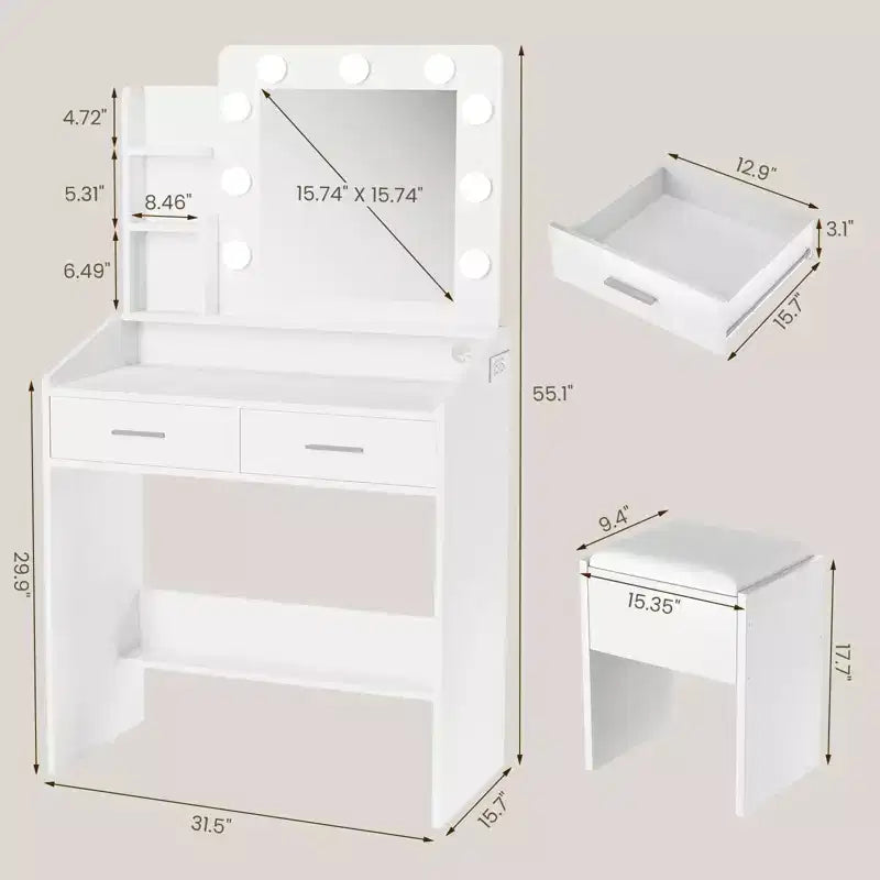 Vanity Desk with Mirror and Lights, Makeup Vanity with Power Outlet & Cushioned Stool, 3 Lighting Modes Adjustable Brightness, Dressing Table