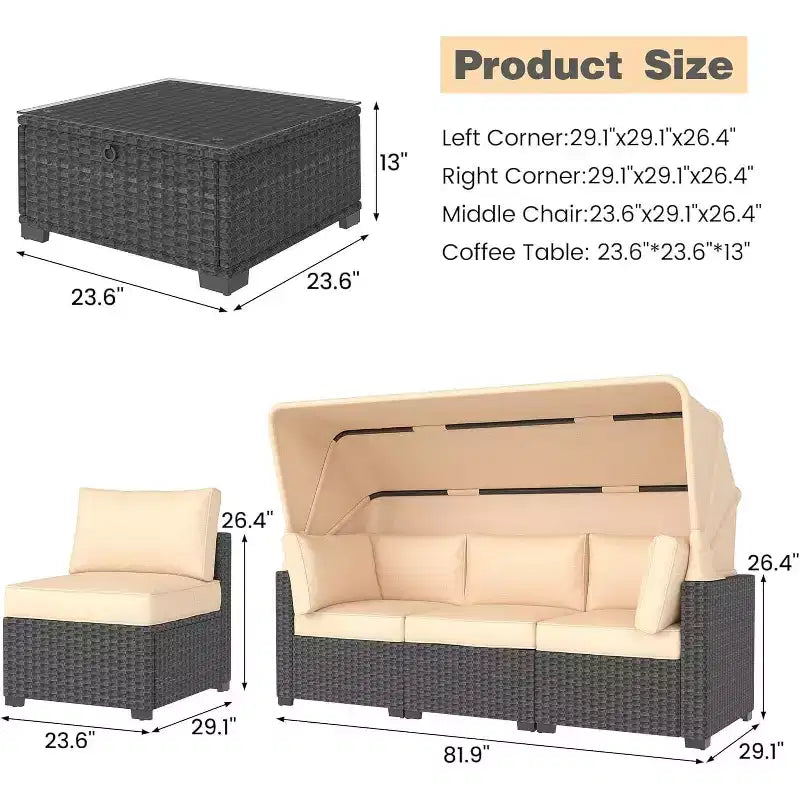 GustoWave 6 Pieces Patio Furniture Set,Wicker Patio Furniture Sofa with Retractable Canopy,Cushions and Tea Table with Storage,2 Adjustable Backrest
