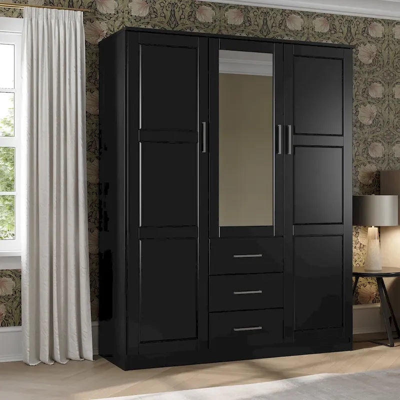 3-Door Solid Pine Wood Wardrobe Armoire, 72"H x 56"W, Mirrored or Panel Door, 3 Clothing Rods