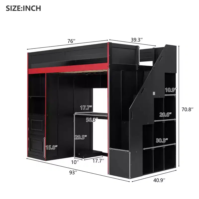 GDFStudio Barnes Gaming Loft Bed with Desk and Storage, LED Lights