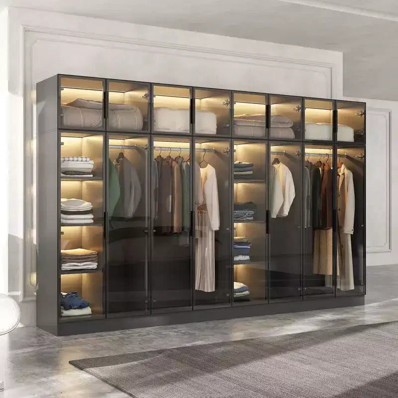 118" Floor-to-Ceiling Black Armoire Wardrobe with 3-Color LED Lights & Tempered Glass Doors