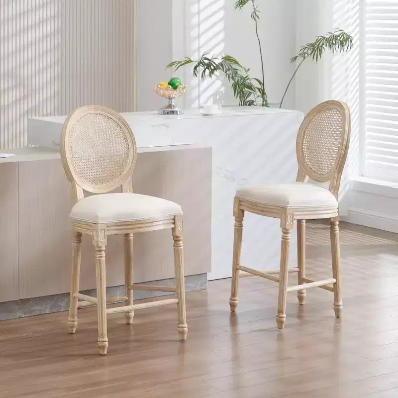 French Country 26 Bar Chairs Set of 2, Upholstered Natural Rattan Round Back, Wire Drawing Carving, Beige