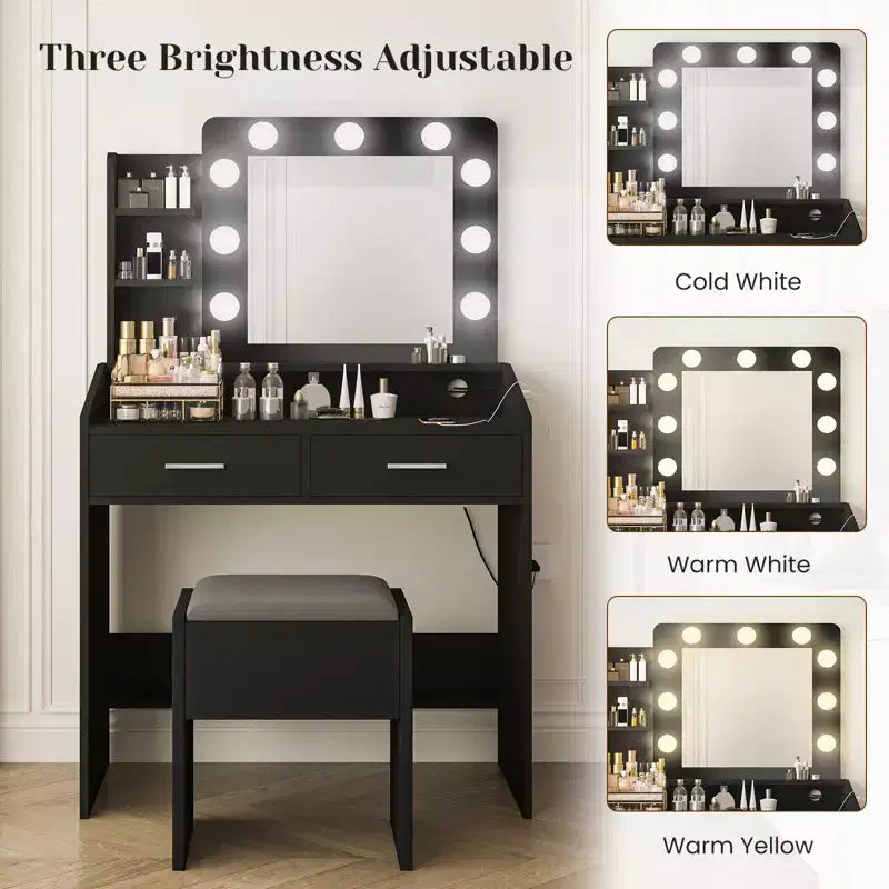 Vanity Desk with Mirror and Lights, Makeup Vanity with Power Outlet & Cushioned Stool, 3 Lighting Modes Adjustable Brightness, Dressing Table