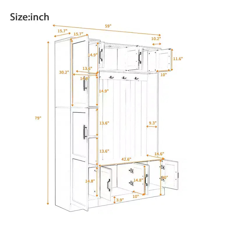 79IN Modern Hall Tree with 6 Cabinets and 4 Coat Hooks, Coat Rack with Shoe Storage Bench and Adjustable Shelf for Hallway, Living Room, White
