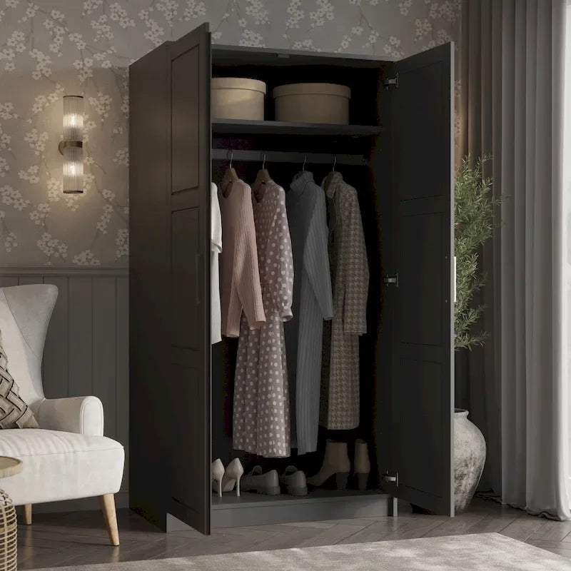 2-Door Solid Pine Wood Wardrobe Armoire with Clothing Rod & Adjustable Shelf – White / Black / Gray, Solid Wood or Mirrored Doors, Single