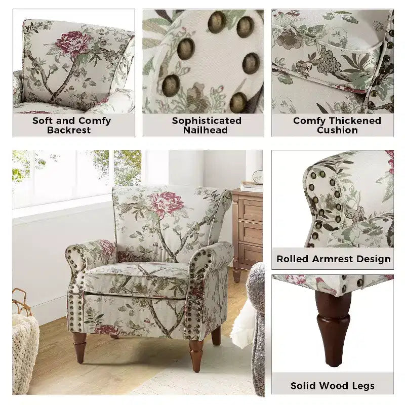 Traditional Wooden Upholstered Floral Armchair with Wingback and Nailhead Trim