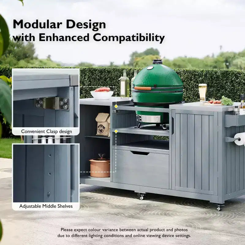 Okak Outdoor Kitchen Island with Steel Top & Rack,Solid Wood Grill Cart for Big Green Egg Grills,Storage Cabinet Dining Table