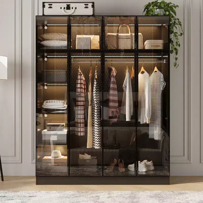 118" Floor-to-Ceiling Black Armoire Wardrobe with 3-Color LED Lights & Tempered Glass Doors