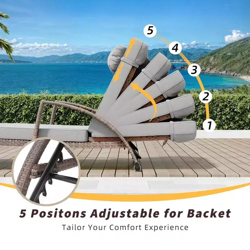 Coolmee Outdoor Chaise Lounge Set of 2 Rattan Patio Folding Chaise Lounge Adjustable 5 Position Back Patio Pool Lounge Chair with Cushion Pillow