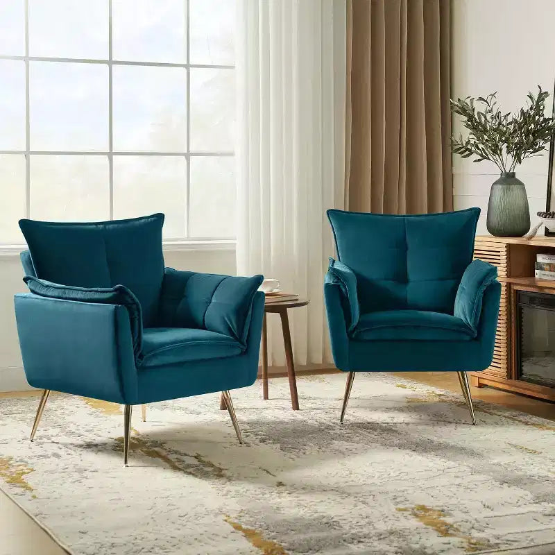 Set of 2 Jonat Contemporary Velvet Wooden Upholstered Armchair with Metal Legs for Bedroom and Living Room| ART OF LIVING DESIGNS