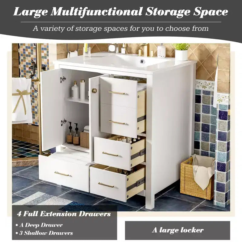 30-Inch Bathroom Vanity with Sink, Storage Drawers & Soft-Close Doors