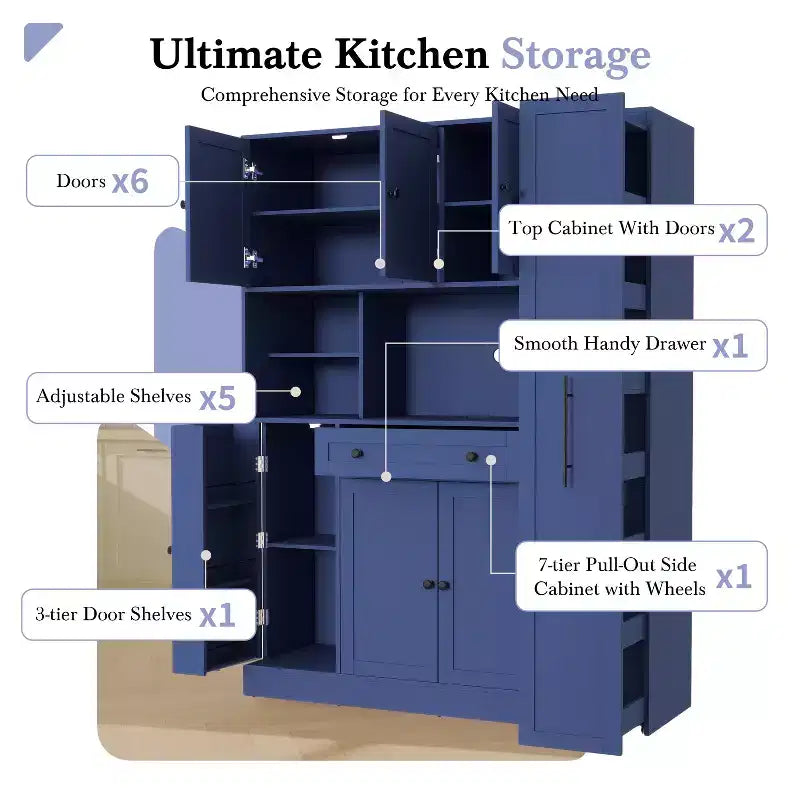 Kitchen Pantry Cabinet with Hutch and Pull-Out Side Cabinet